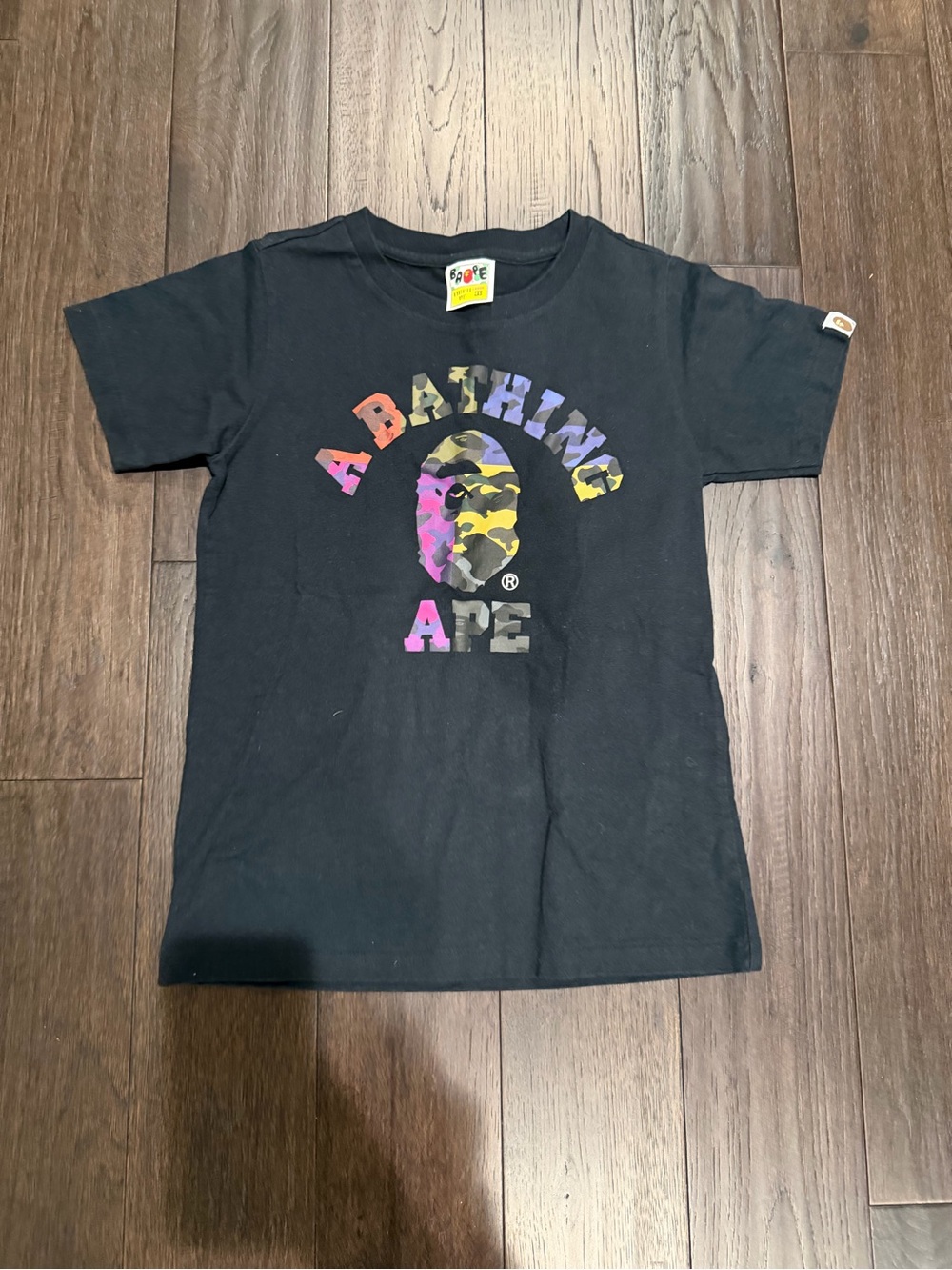 Bape Black Tee with Rainbow Camo Ape Head
